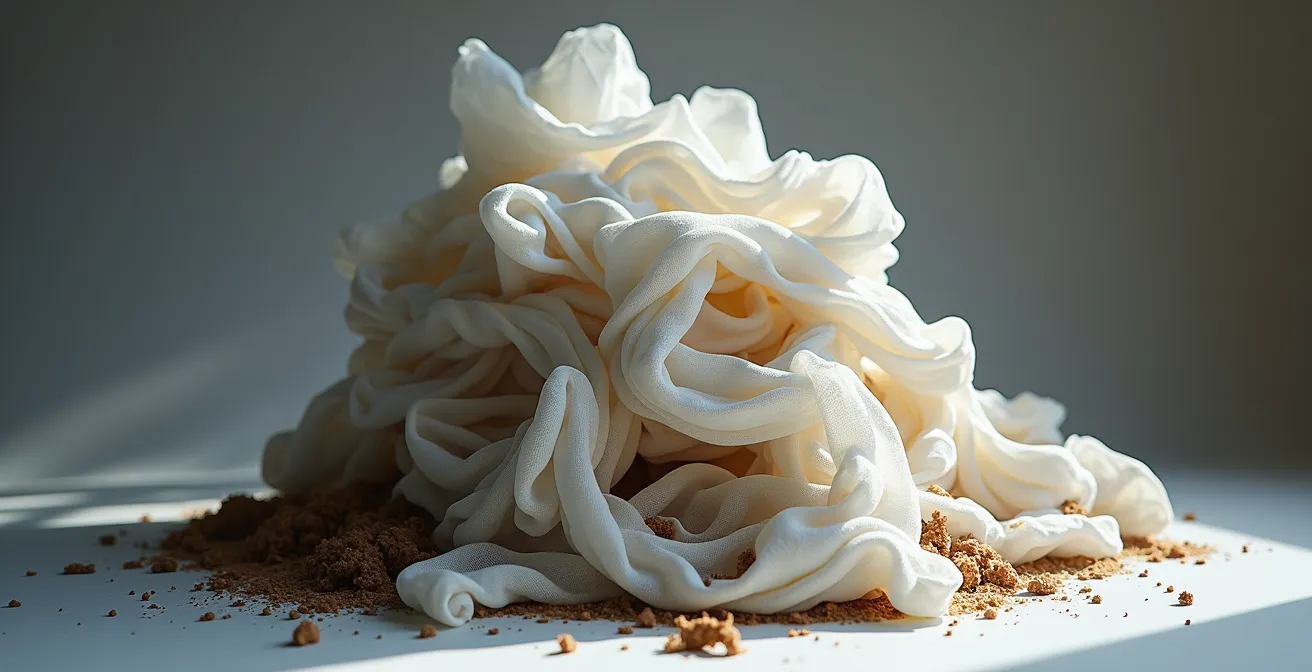 Gros plan sur l'accumulation de lingettes et débris formant un bouchon dans une canalisation