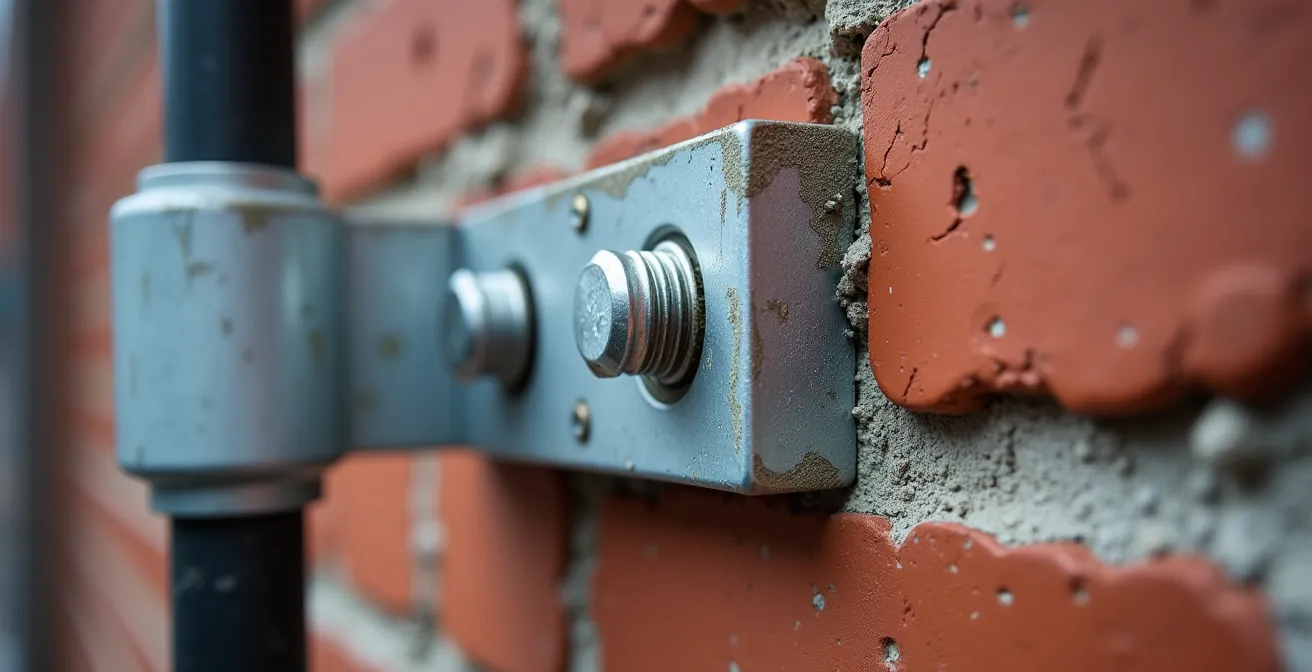Gros plan sur l'ancrage d'un mât électrique fixé dans un mur de briques centenaire typique du Plateau Mont-Royal