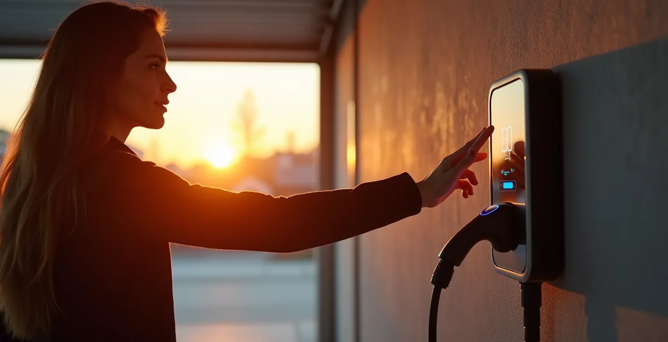 Borne de recharge intelligente montée sur le mur d'un garage avec une interface numérique éteinte