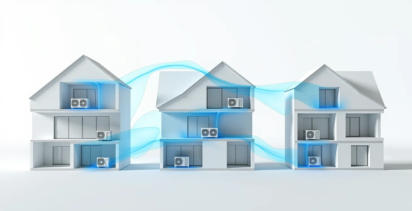 Coupe architecturale montrant la distribution de l'air dans différents types d'habitations montréalaises