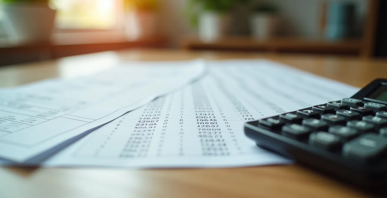 Calculatrice et factures d'Hydro-Québec sur table avec graphiques d'économies