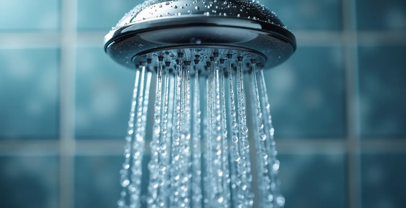 Gros plan sur un pommeau de douche moderne à économie d'eau avec gouttelettes en suspension