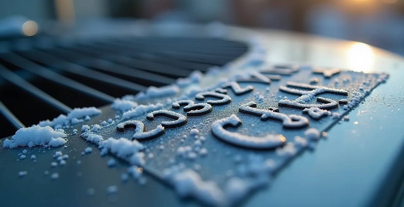 Vue rapprochée d'une étiquette AHRI sur une thermopompe avec des cotes HSPF et SEER visibles en flou artistique