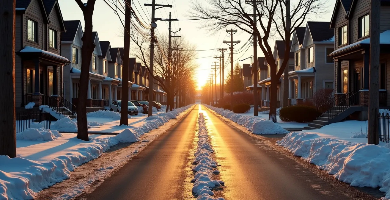 Vue comparative montrant un raccordement aérien avec poteau et un raccordement souterrain dans une rue résidentielle de Montréal