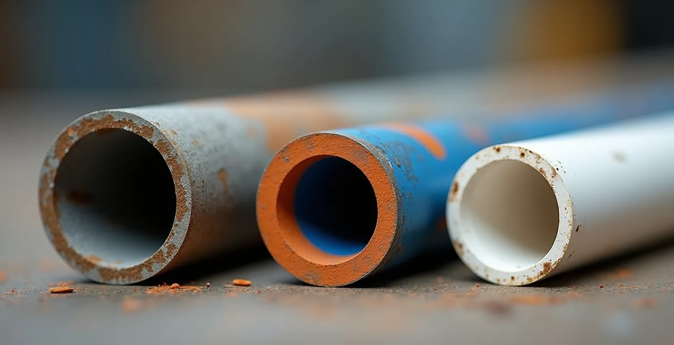 Comparaison visuelle de tuyaux Poly-B gris, Kitec orange et bleu, et PEX moderne