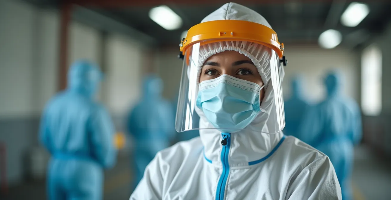 Portrait d'un travailleur en équipement de protection complet lors de travaux de décontamination
