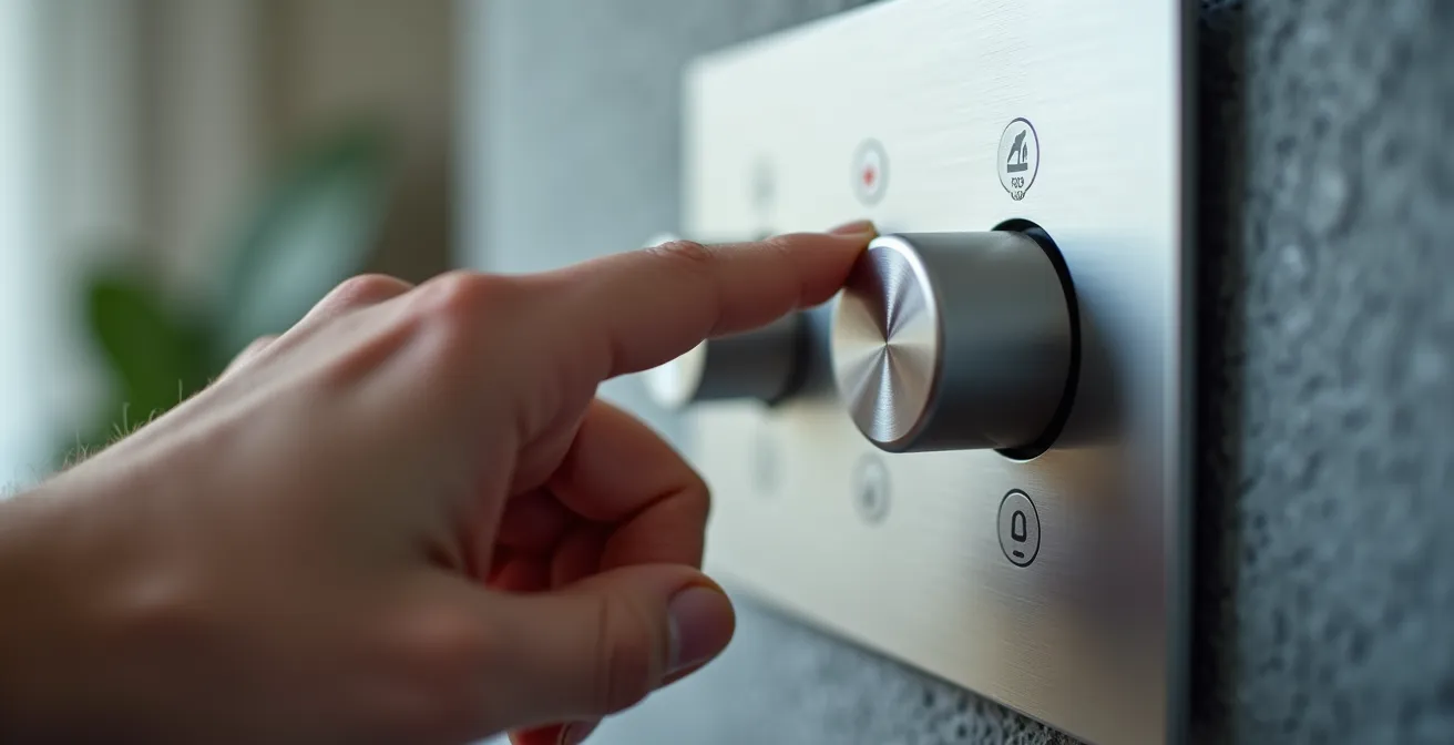 Main ajustant le contrôle mural d'un système VRC dans une maison québécoise