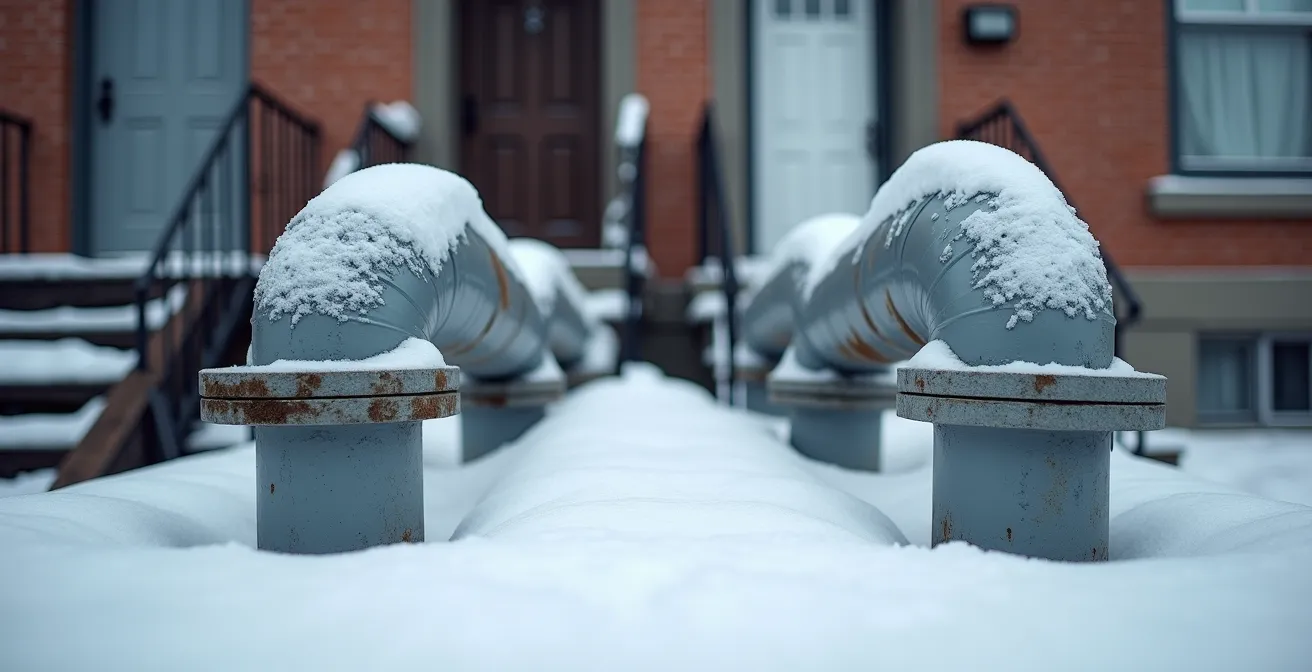Schéma technique montrant les distances minimales d'évacuation pour le climat québécois avec accumulation de neige