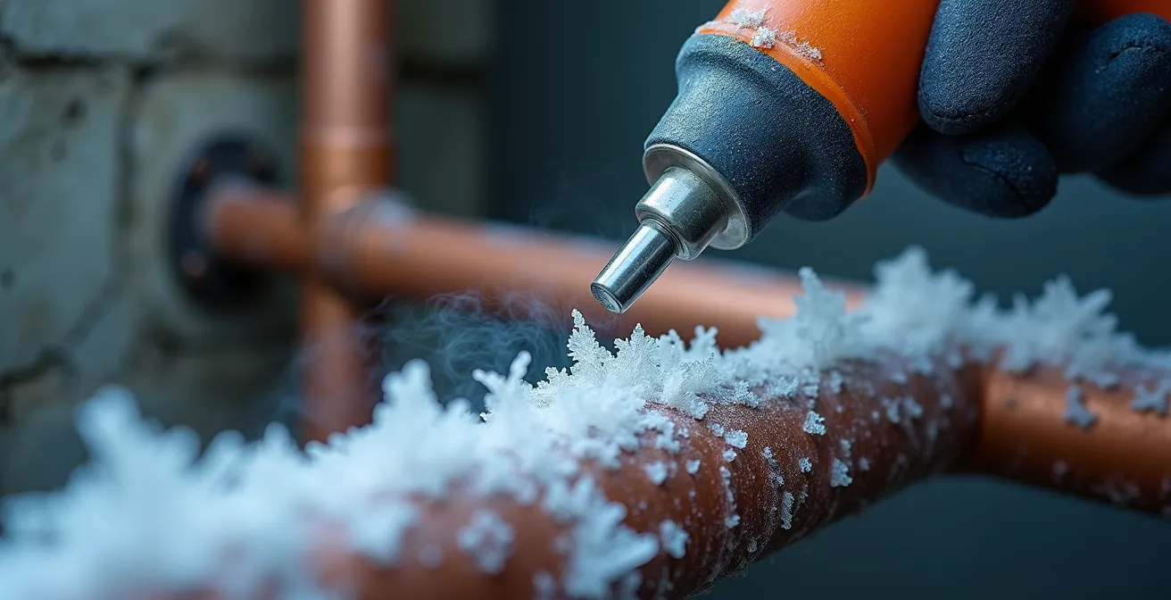 Gros plan sur une main utilisant un sèche-cheveux pour dégeler un tuyau de cuivre givré