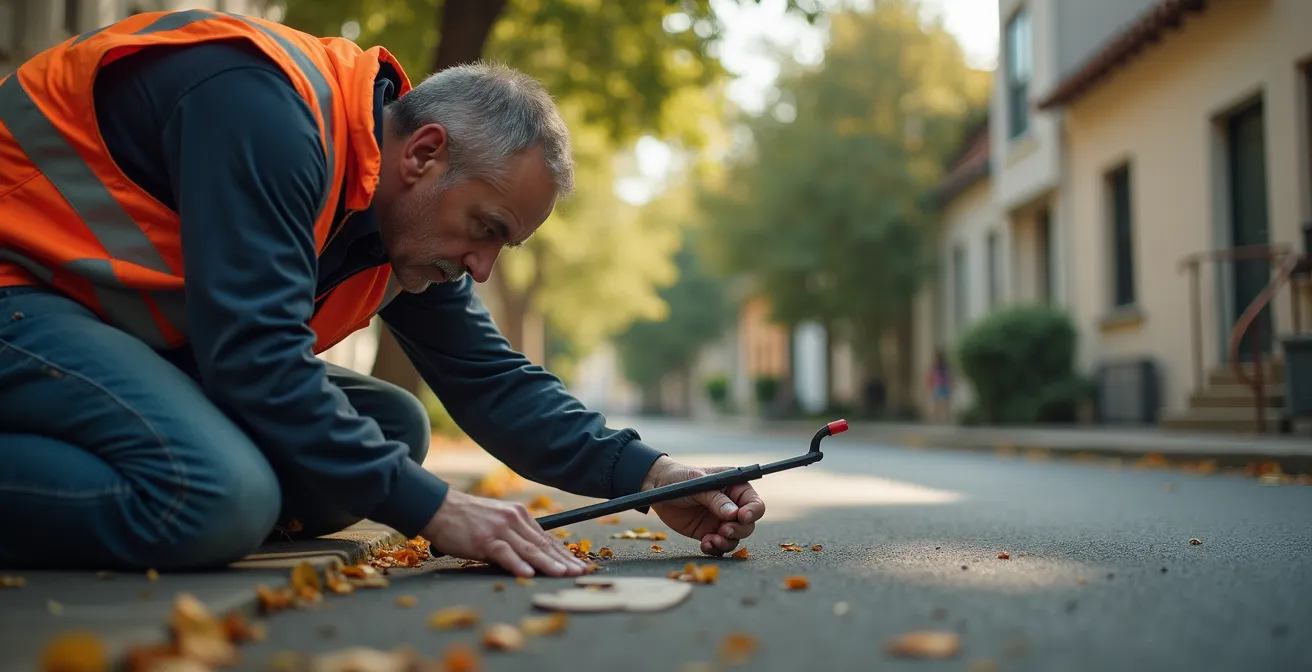 Opérateur utilisant un détecteur électromagnétique pour localiser une vieille conduite d'eau en cuivre dans le quartier Verdun