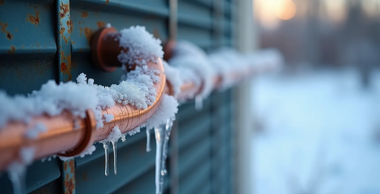 Gros plan sur des conduits de thermopompe avec formation de glace anormale indiquant une fuite de réfrigérant