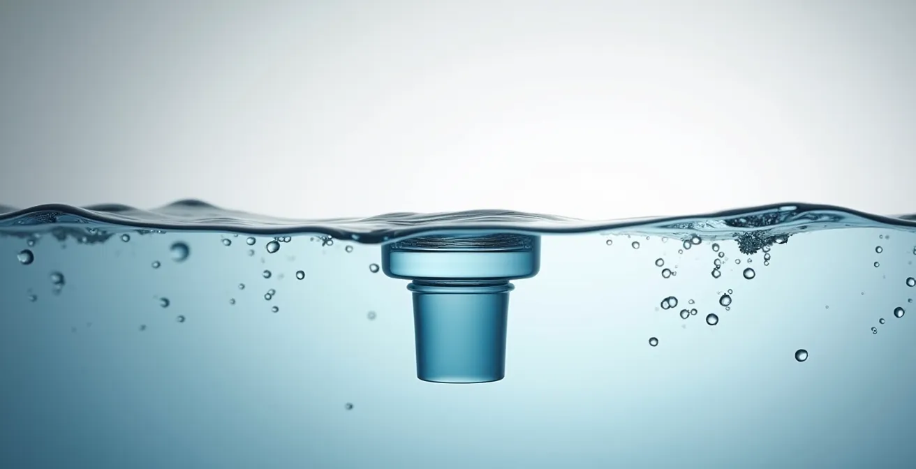 Gros plan sur un siphon P transparent montrant le niveau d'eau et le mécanisme anti-odeur