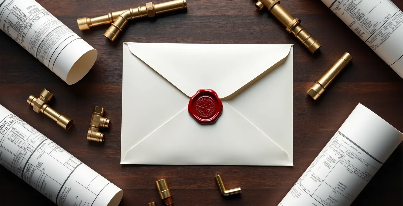 Documentation de garantie et certificats de plomberie disposés sur bureau professionnel