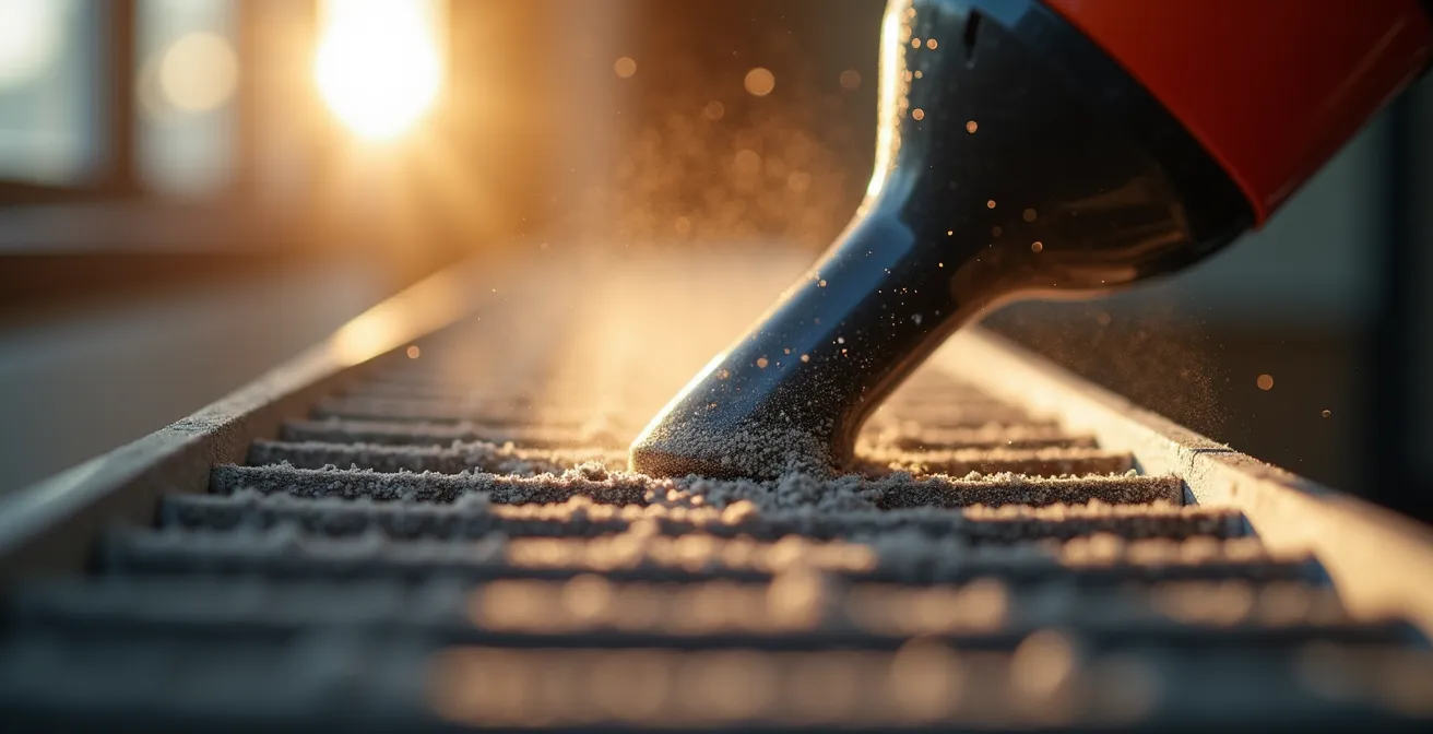 Gros plan sur l'entretien d'une plinthe électrique avec aspirateur