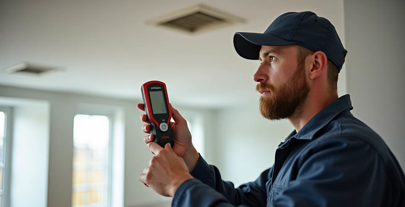 Technicien mesurant les débits d'air avec un anémomètre dans une maison montréalaise