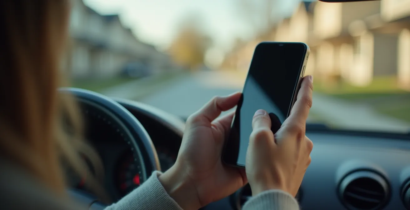 Mains tenant un téléphone avec une carte affichant un périmètre de géorepérage autour d'une maison de style montréalais.