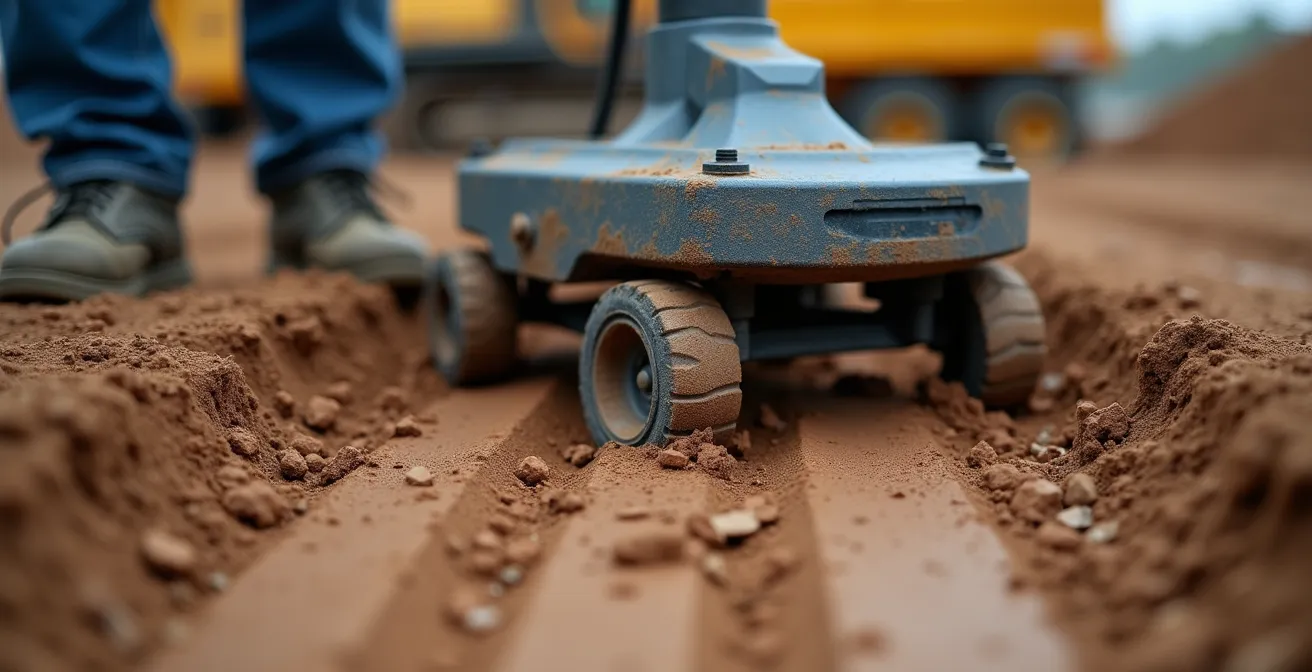 Technicien utilisant un géoradar sur sol argileux montréalais avec visualisation des ondes de détection