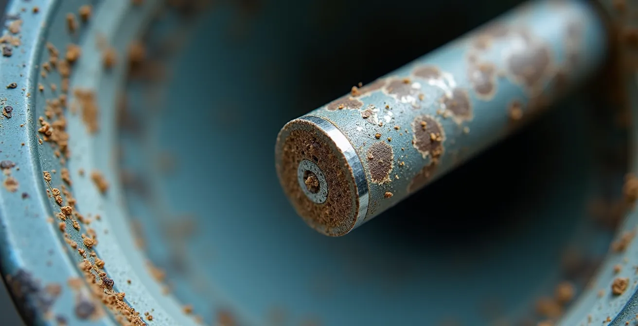 Vue macro détaillée de l'anode sacrificielle d'un chauffe-eau avec signes d'usure normale