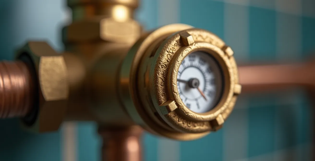 Vue macro d'une cartouche thermostatique installée sur tuyauterie de cuivre