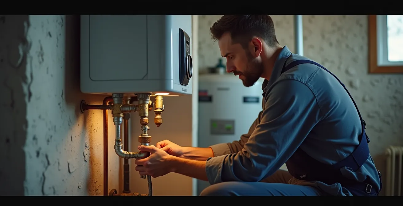 Plombier certifié installant un chauffe-eau avec équipement professionnel dans sous-sol montréalais