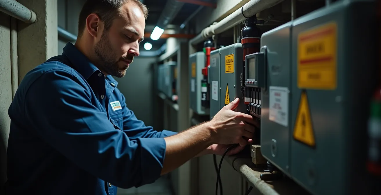 Technicien certifié installant un système de chauffage biénergie dans un sous-sol