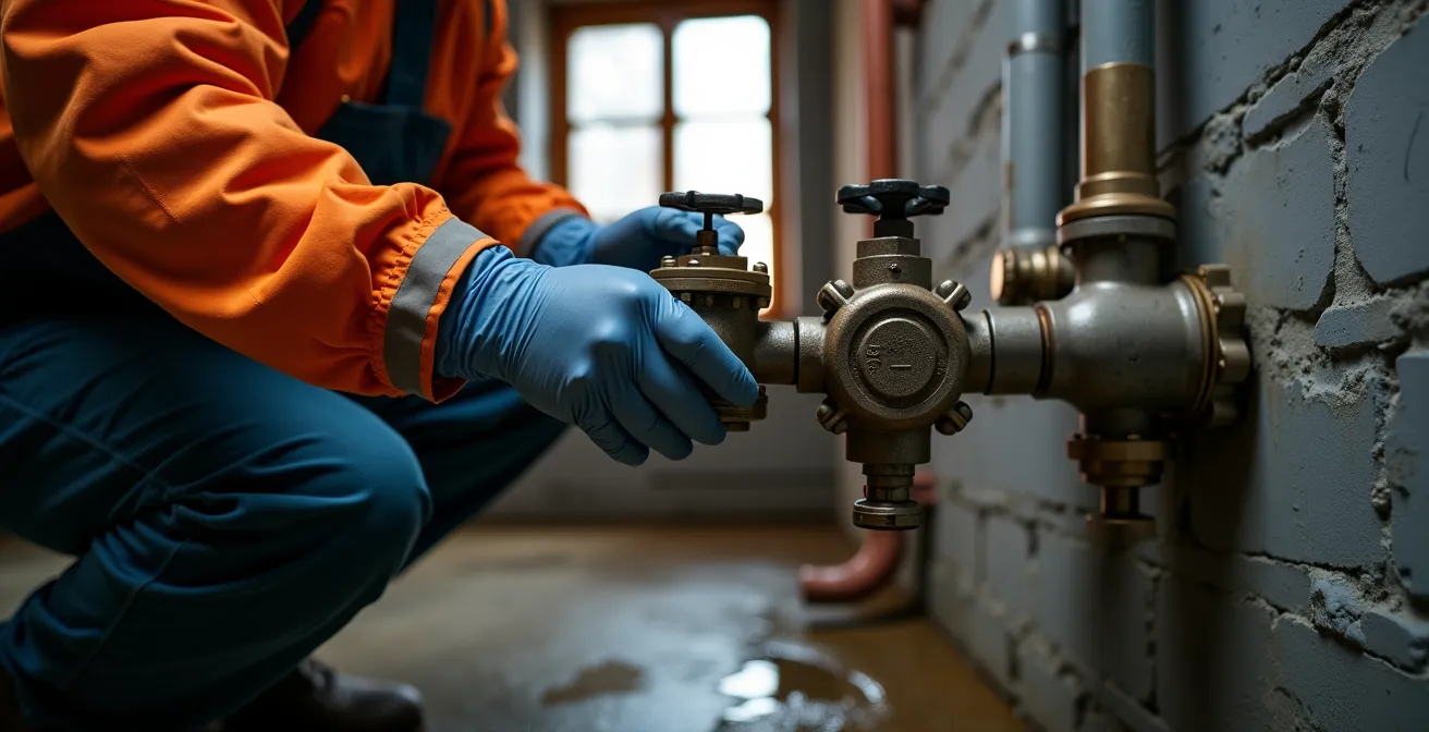 Professionnel en combinaison de protection fermant une valve d'eau principale dans un sous-sol typique montréalais