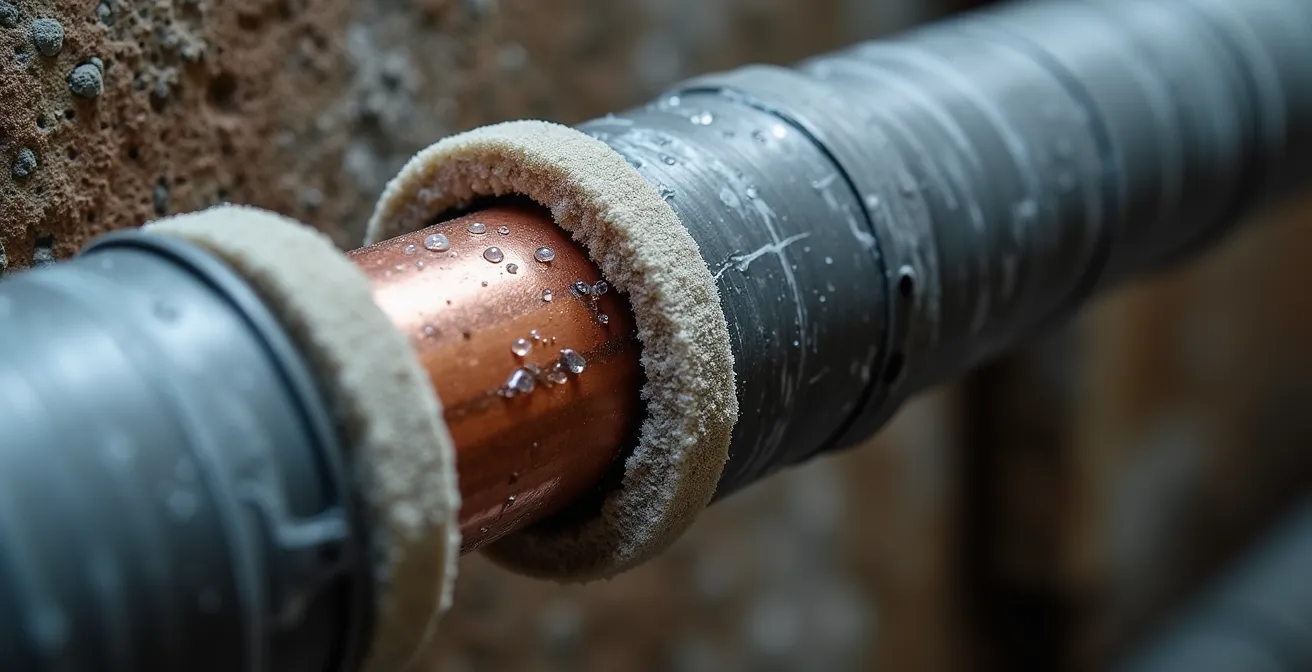 Détail macro d'une entrée d'eau en cuivre avec isolation thermique et câbles chauffants dans un sous-sol montréalais