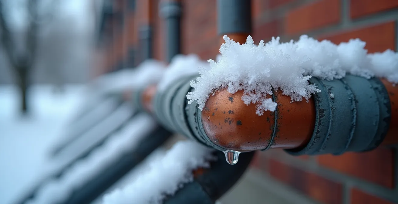 Gros plan sur des tuyaux extérieurs isolés avec coquilles de fibre de verre sur un escalier montréalais