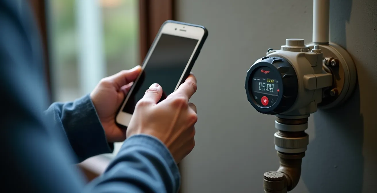 Main tenant un smartphone près d'un compteur d'eau moderne avec voyants lumineux