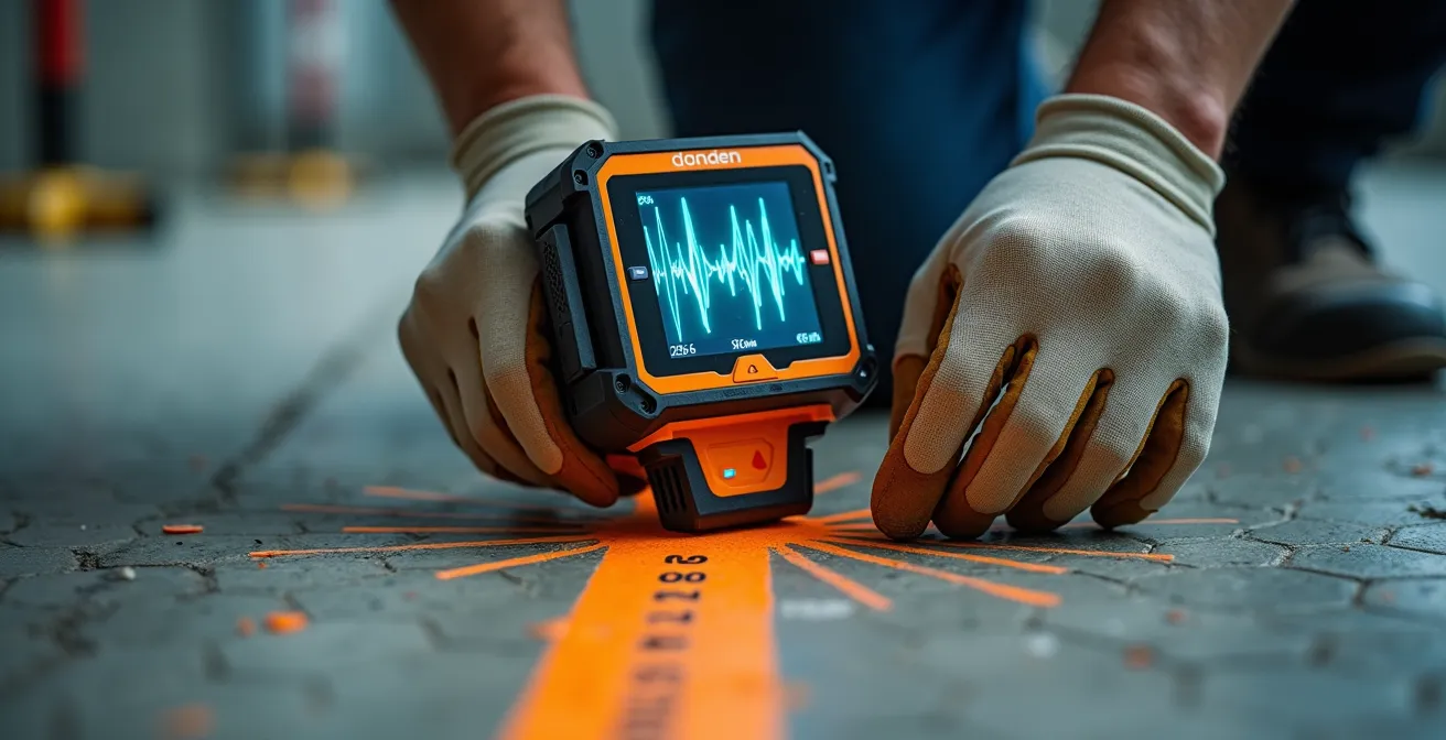 Vue rapprochée d'un technicien utilisant une sonde de localisation électronique pour marquer l'emplacement exact d'un blocage sous une dalle de béton