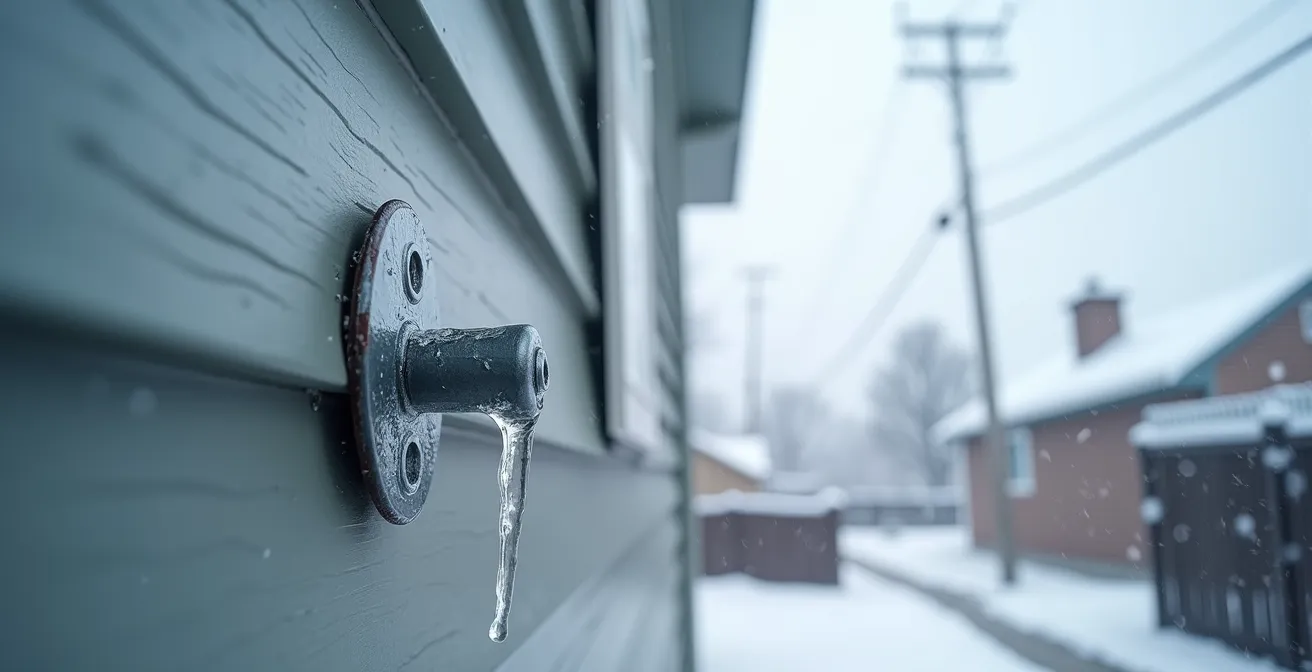 Vue extérieure d'un mât électrique correctement ancré sur une maison montréalaise en hiver