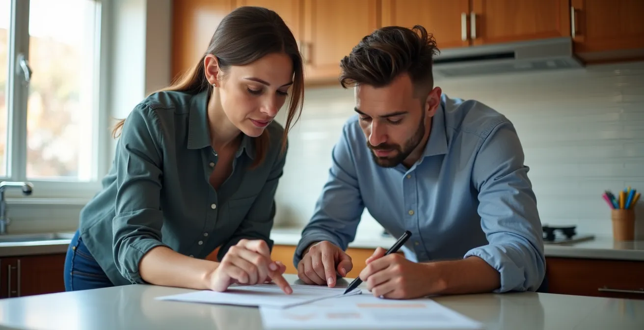 Discussion entre acheteur et vendeur avec rapport d'inspection sur table dans cuisine montréalaise