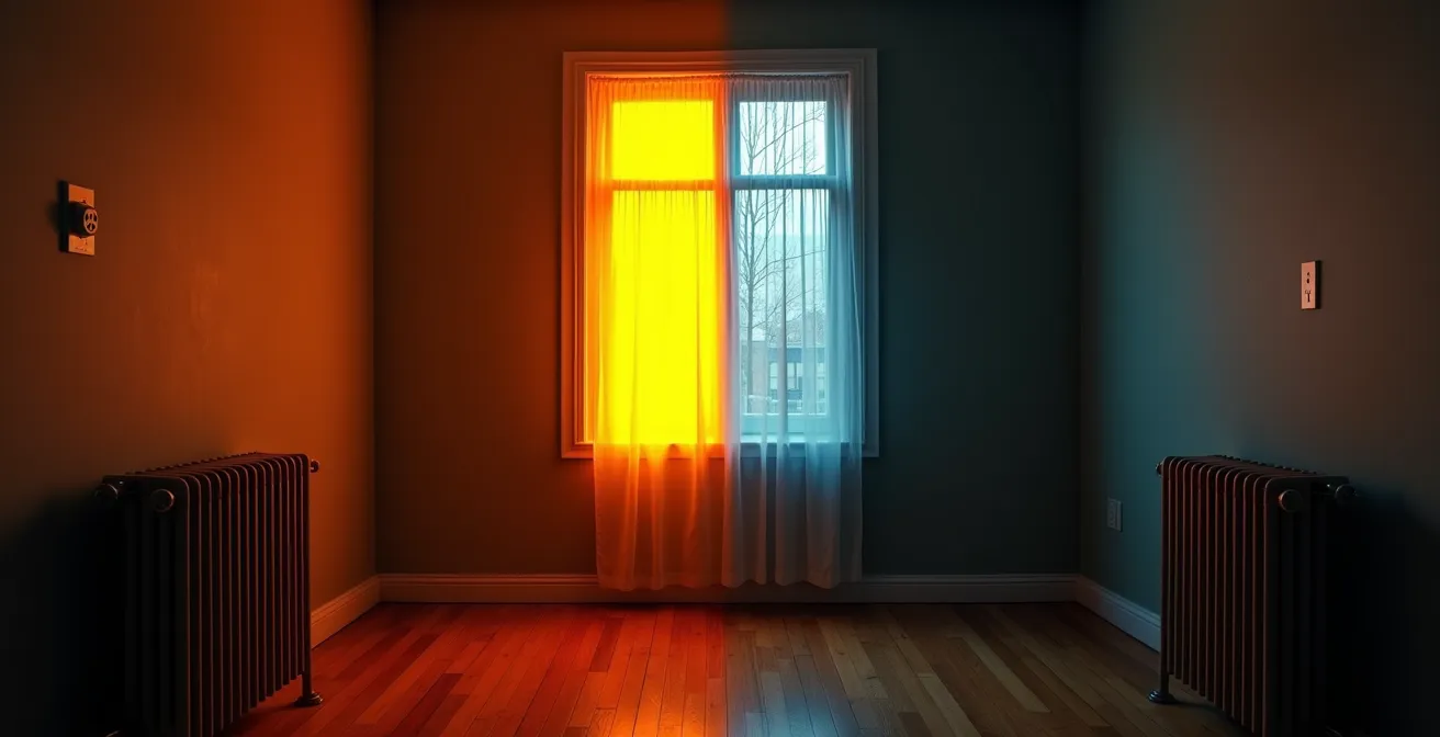 Vue intérieure d'une maison avec éclairage inégal illustrant une panne partielle due à un neutre perdu