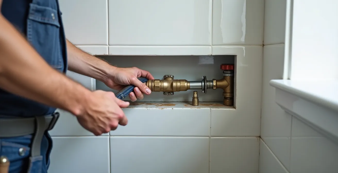 Panneau d'accès discret dans un mur permettant l'inspection des raccords de plomberie