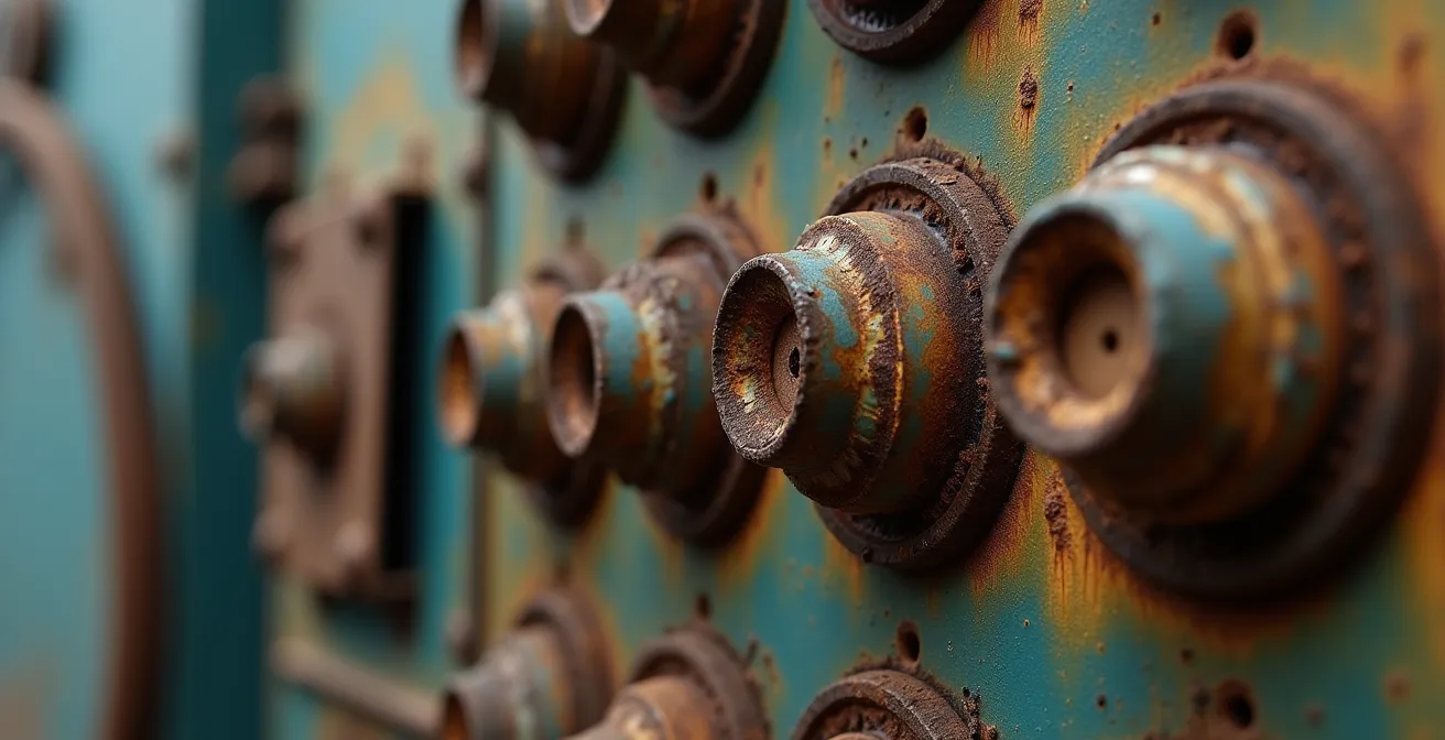 Gros plan sur un vieux panneau électrique Stab-Lok avec signes visibles de vieillissement