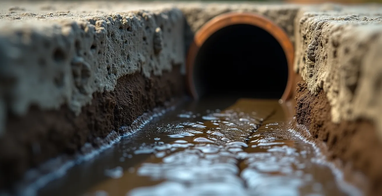 Vue en coupe d'un système de drainage avec pente correcte autour d'une fondation de bâtiment montréalais