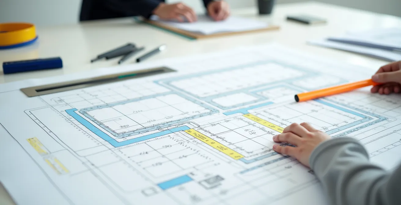 Vue aérienne d'un plan de maison avec annotations de travaux de plomberie