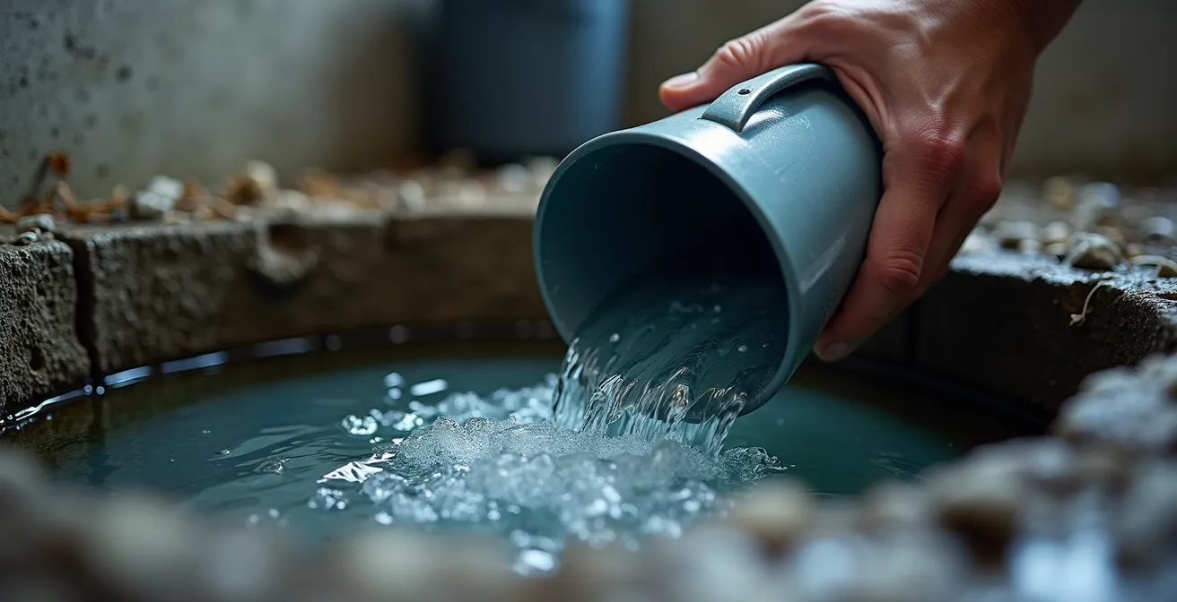 Gros plan d'une pompe de puisard en cours de test avec eau claire versée depuis un seau