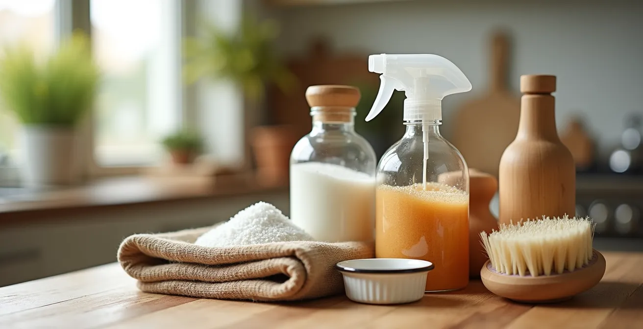 Produits ménagers écologiques disposés sur un comptoir de cuisine québécois