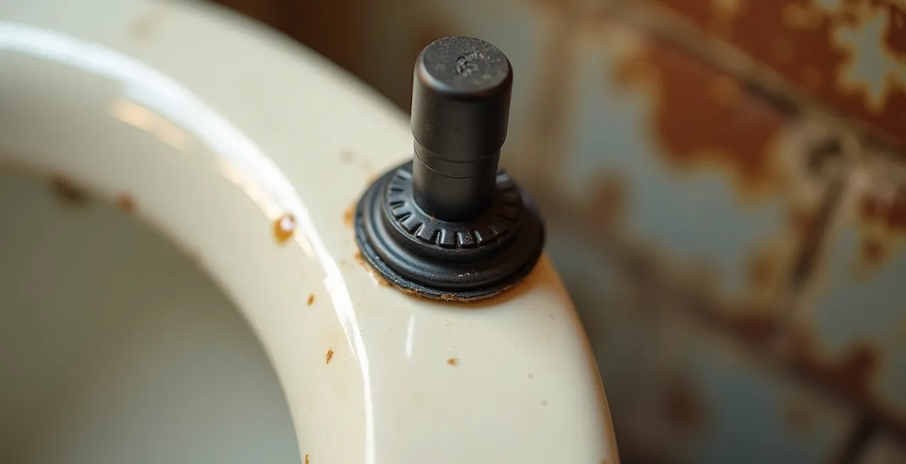 Gros plan sur un adaptateur en caoutchouc protégeant une toilette en céramique vintage