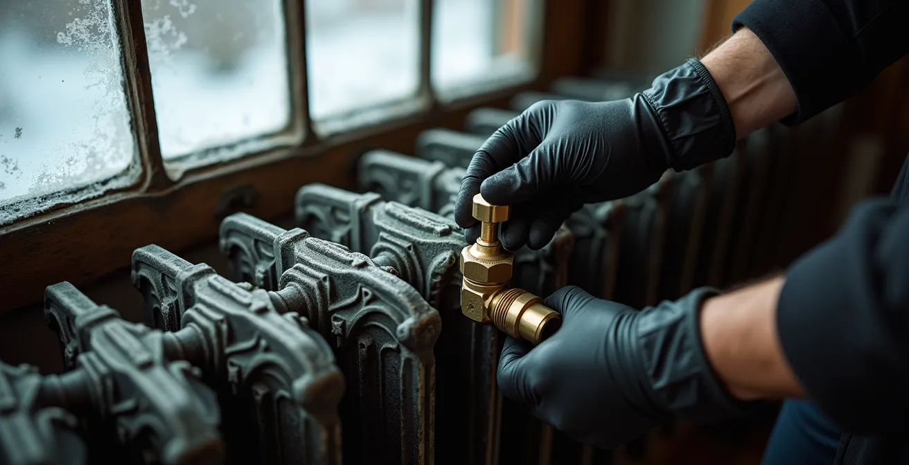 Radiateur en fonte centenaire typique des maisons montréalaises adapté pour chaudière à condensation