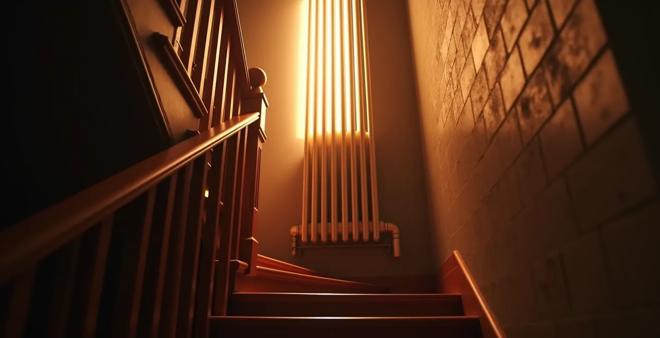 Radiateur vertical design installé dans une cage d'escalier montréalaise avec visualisation du flux d'air chaud