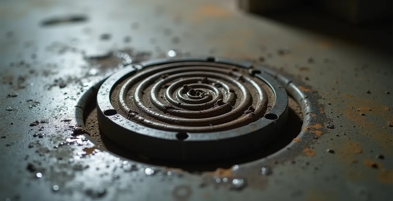 Vue détaillée d'un regard de nettoyage principal dans un sous-sol typique montréalais