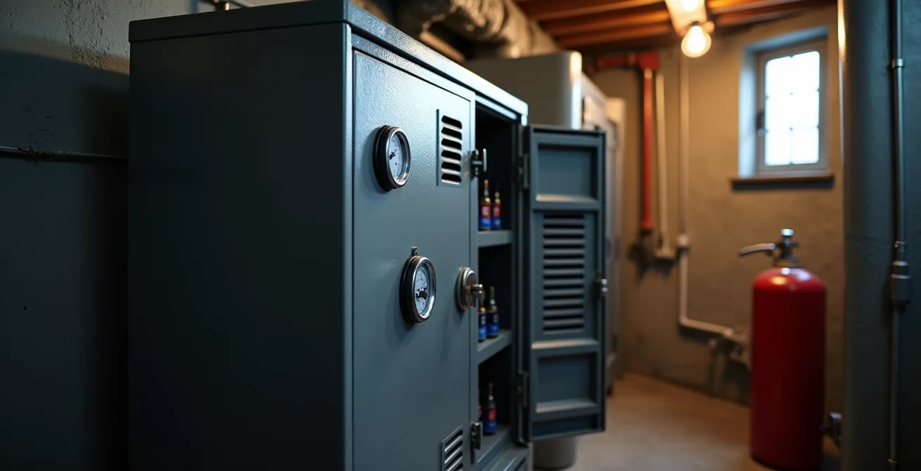 Armoire métallique de stockage sécurisé pour cartouches CO2 dans un sous-sol québécois