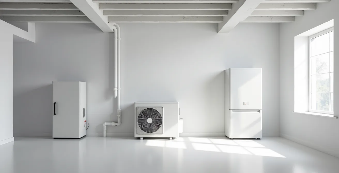 Vue d'ensemble d'un système de chauffage hybride moderne avec thermopompe et chaudière dans une maison montréalaise