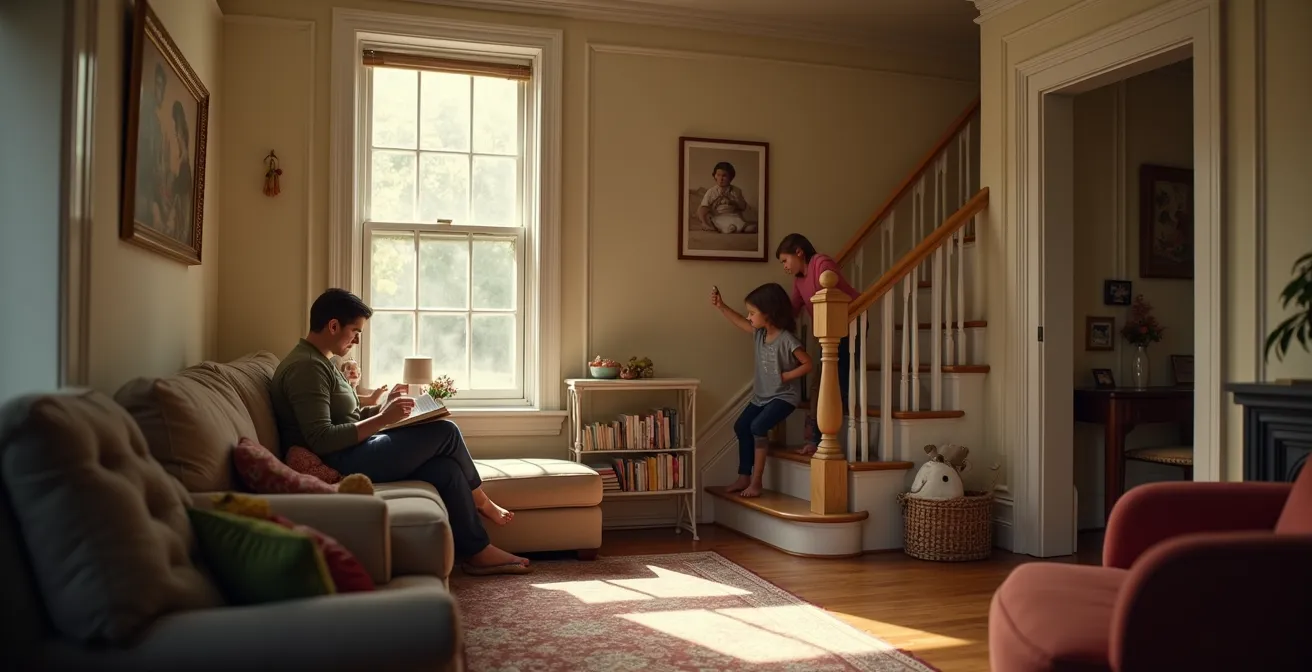 Vue en coupe d'une maison patrimoniale montréalaise montrant l'installation discrète d'un système multi-zone