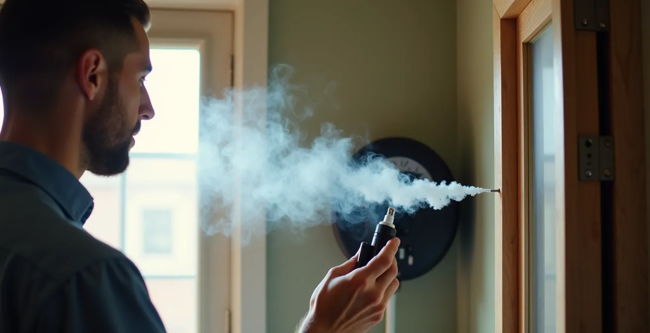 Test d'infiltrométrie en cours avec détection des fuites d'air dans une maison