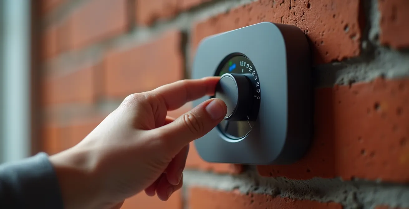 Main ajustant un thermostat programmable moderne sur un mur de brique