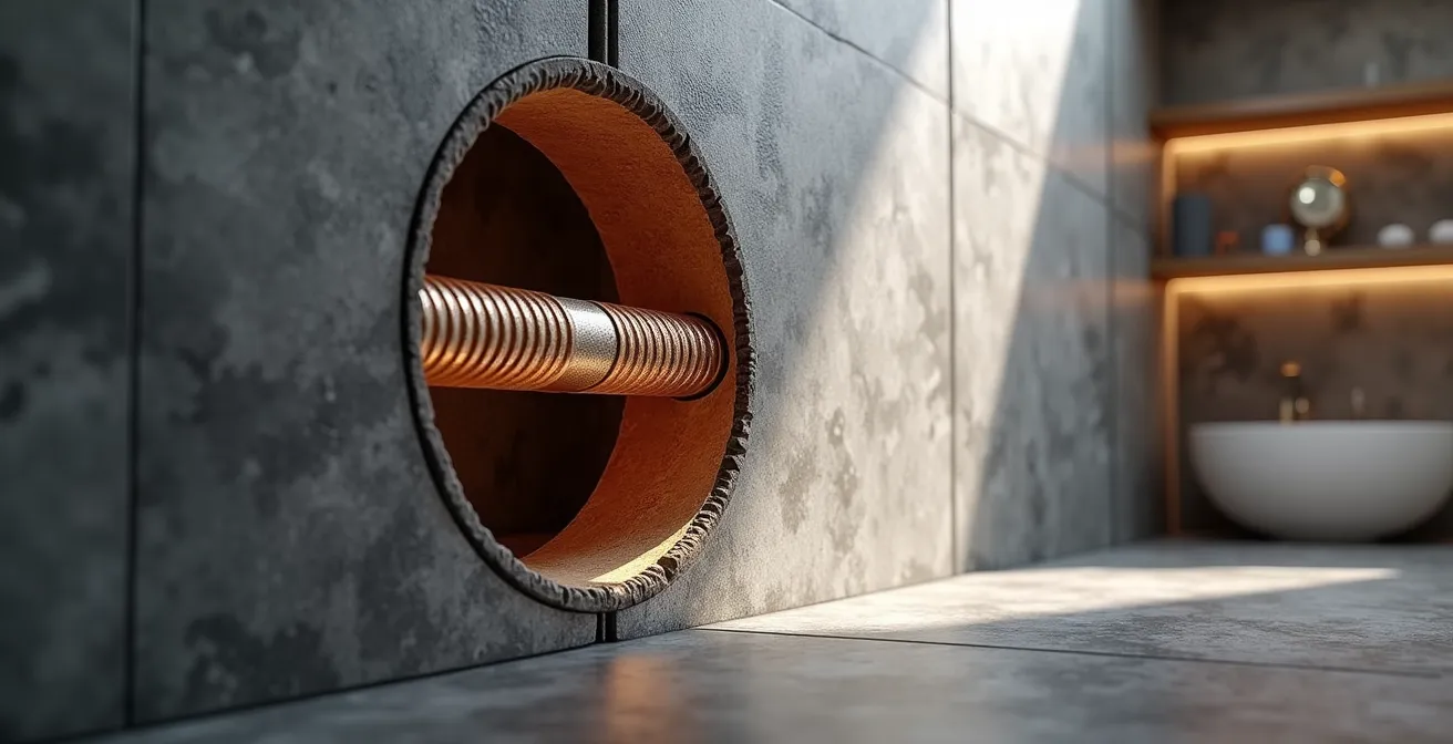 Coupe transversale de tuyauterie en fonte dans un mur