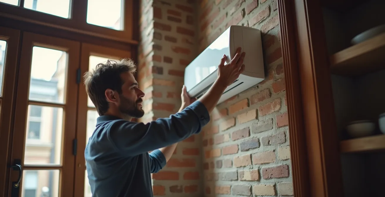 Unité murale thermopompe intégrée dans un salon avec moulures d'époque au Plateau Mont-Royal
